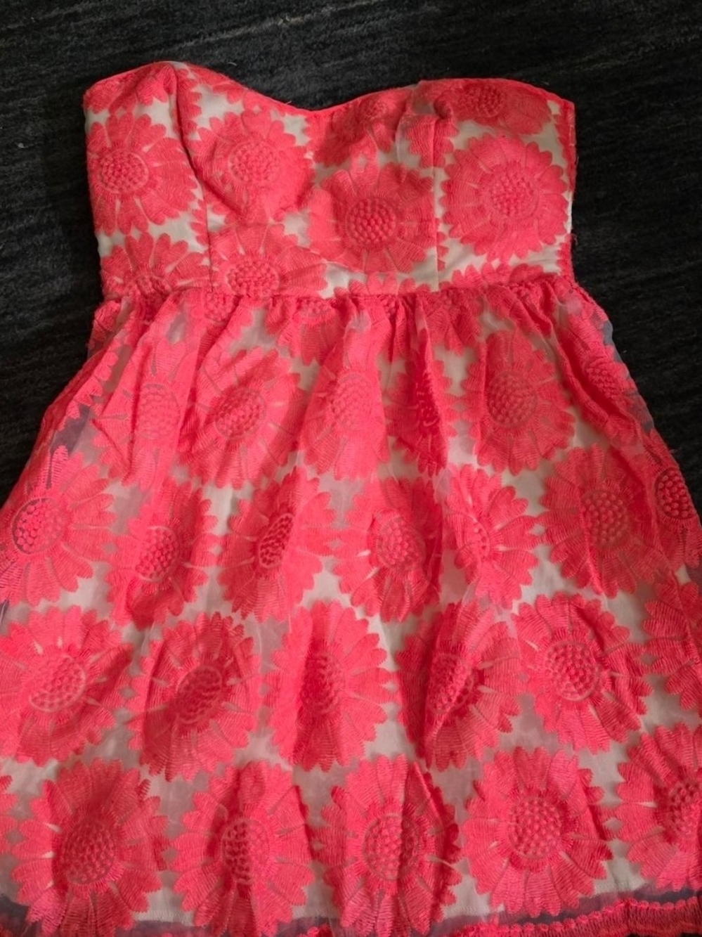 Strapless Neon Pink Floral Lace Casual Dress